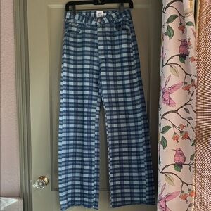 Princess Polly high rise Blue Plaid wide leg jean/pants- 4